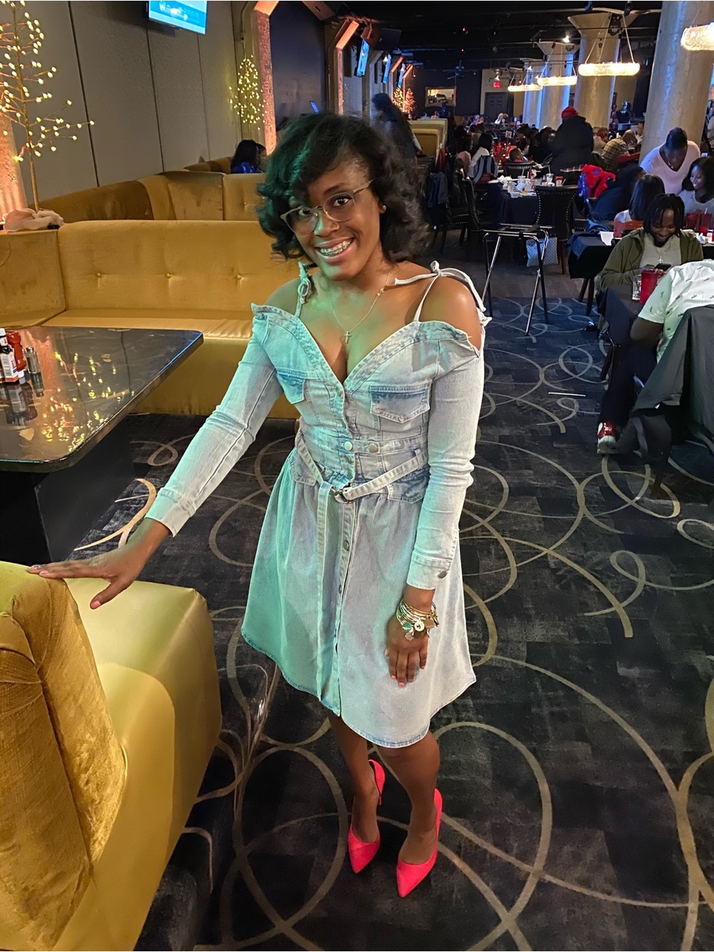 Denim Off-Shoulder Button-Front Dress in Light Blue